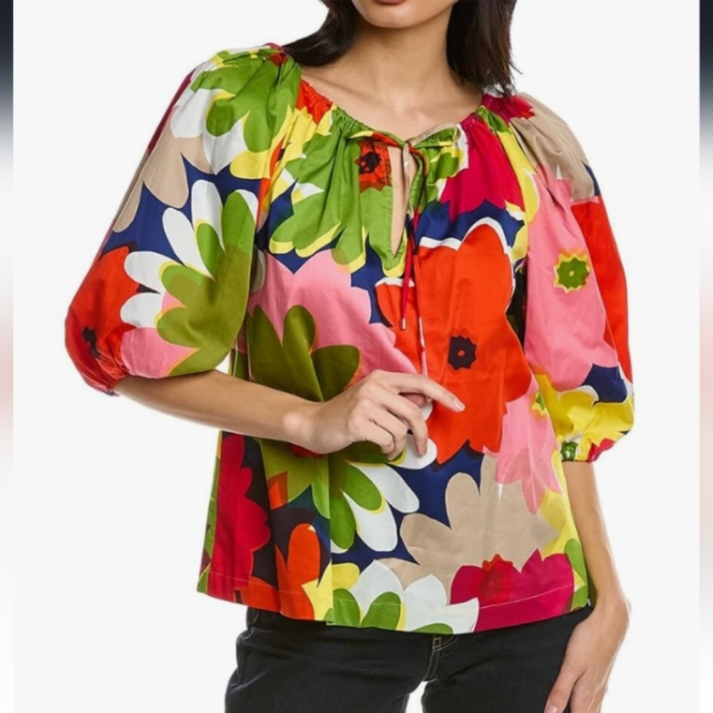 TRINA TURK Multicolor Floral Ruched  Neckline Organic Cotton Top Blouse Large
